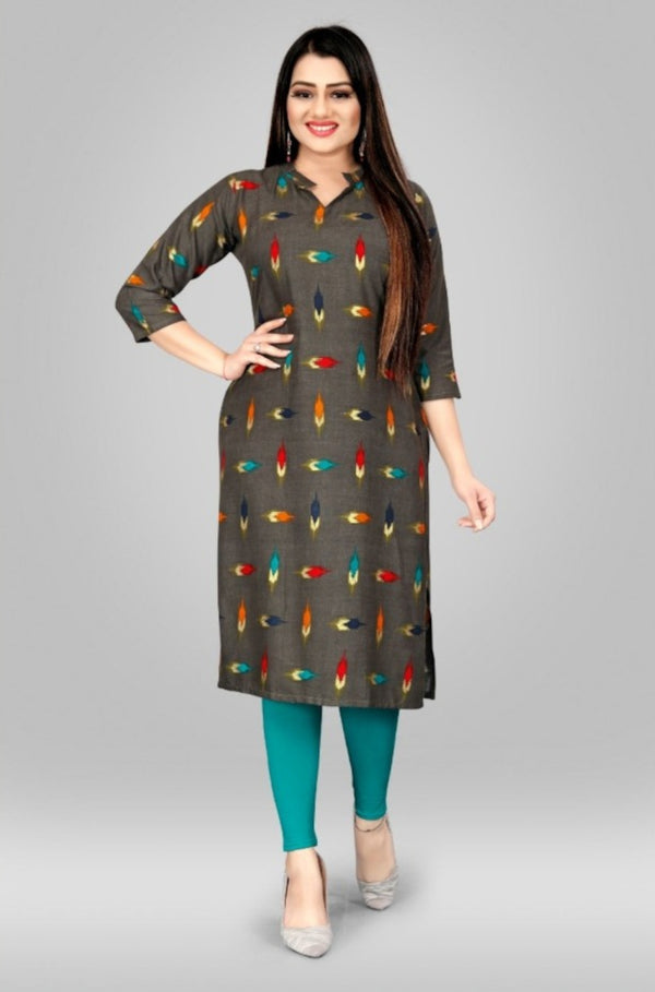 Grey Foil Printed Straight Cut Rayon Kurti